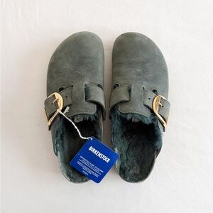 New Birkenstock BOSTON Big Buckle Shearling Clogs in Thyme EU 37